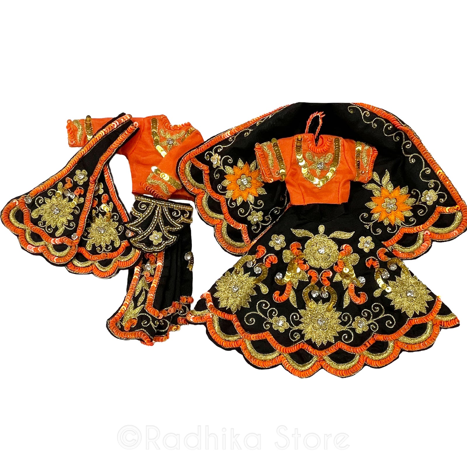 Kartik Dancing Candles - All Silk - Black-Orange-Gold - Radha Krishna Deity Outfit