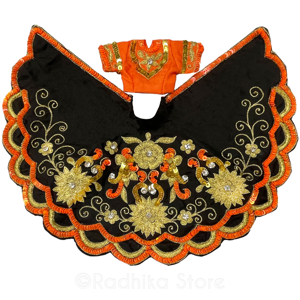 Kartik Dancing Candles - All Silk - Black-Orange-Gold - Radha Krishna Deity Outfit