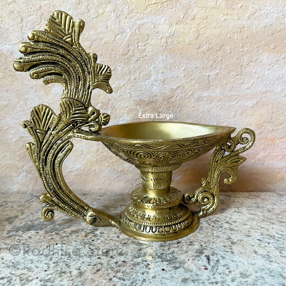 Flaming Peacock Feather Design - Brass Ghee Lamp - Large Bowl - Choose (Diya) -5.5&quot; or 7.5 Inches Tall
