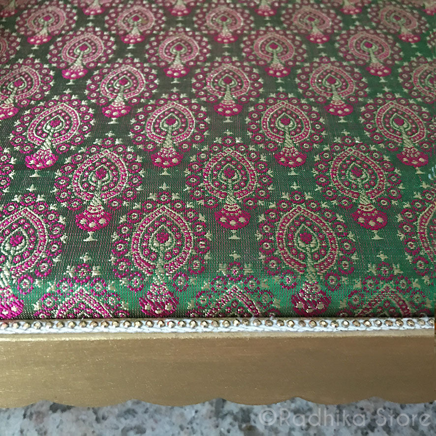 Radha Kund - Jeweled Golden Throne/Bed- Red and Green- 9.5&quot; Long