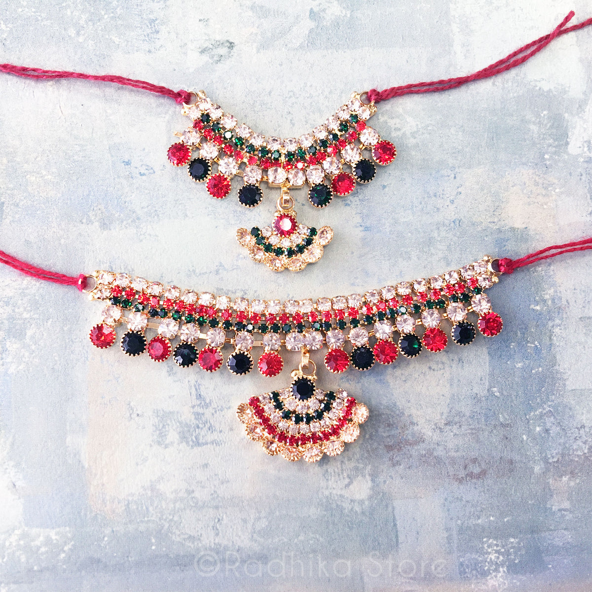 Fan Pendant - Rhinestone Belt/Bangle/Necklace - Dark Emerald Ruby