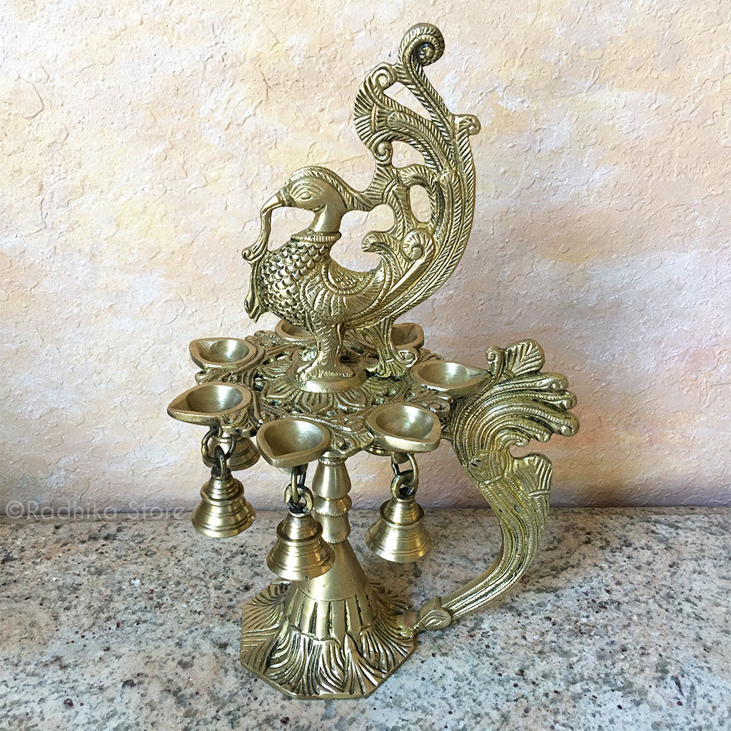 Brass Vrindavan Peacock Ghee Lamp With 7 Prongs and Bells - (Diya) - 12.5&quot; Inch