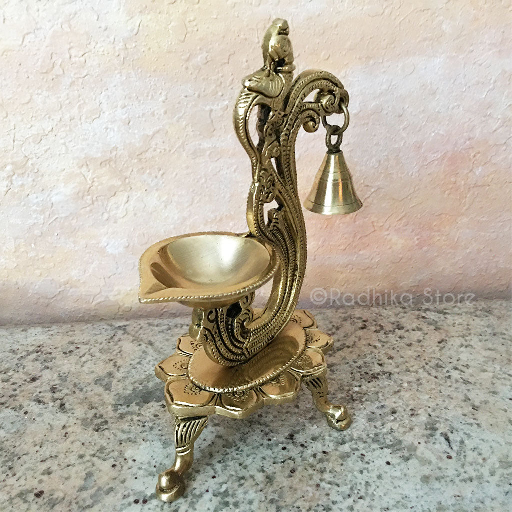 Fancy Parrot Brass Arati Lamp - With Bell  and Lotus Stand