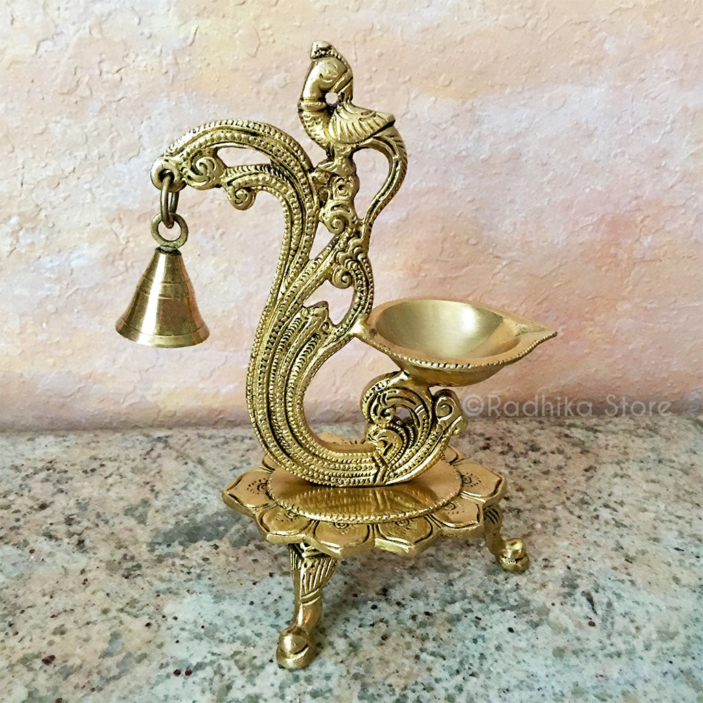 Fancy Parrot Brass Arati Lamp - With Bell  and Lotus Stand