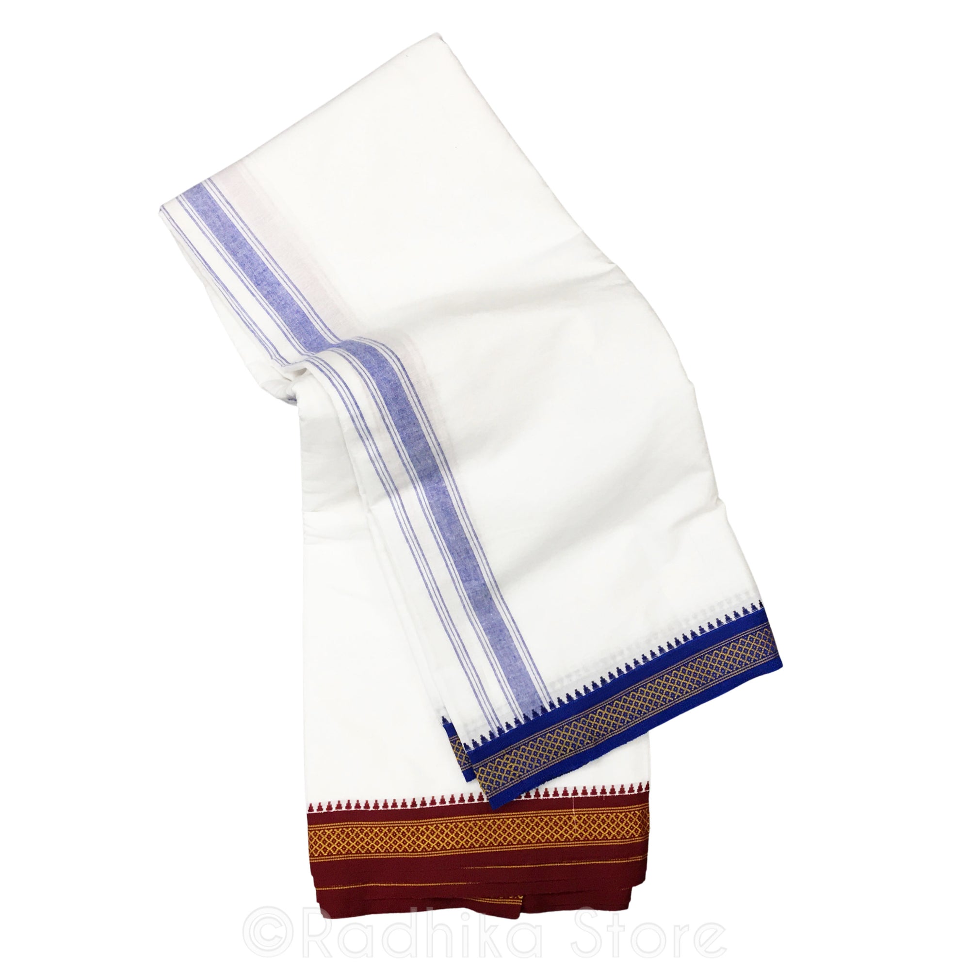 Cotton Dhoti - White With Blue and Maroon Stripe