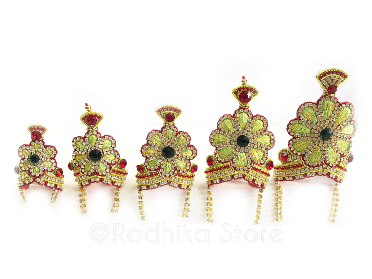 Vrindavan Flower - Deity Crown and Necklace Set- Lemon/Lime and Red Colors