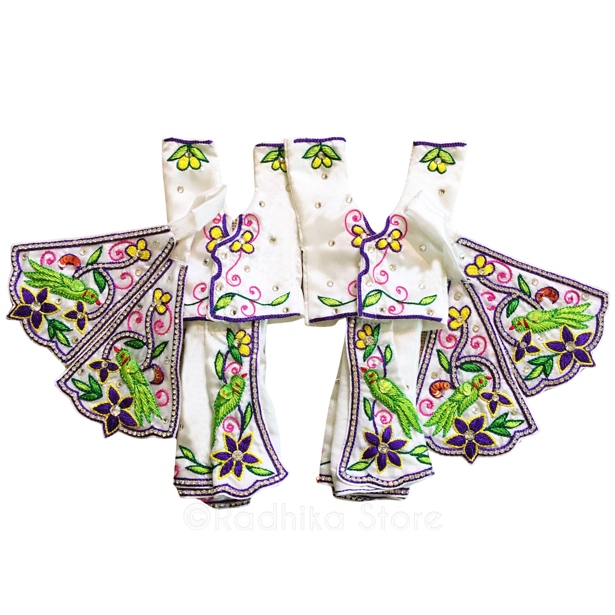 Tropical Mayapur Parrots - (White Silk) - Gaura Nitai Deity Outfit