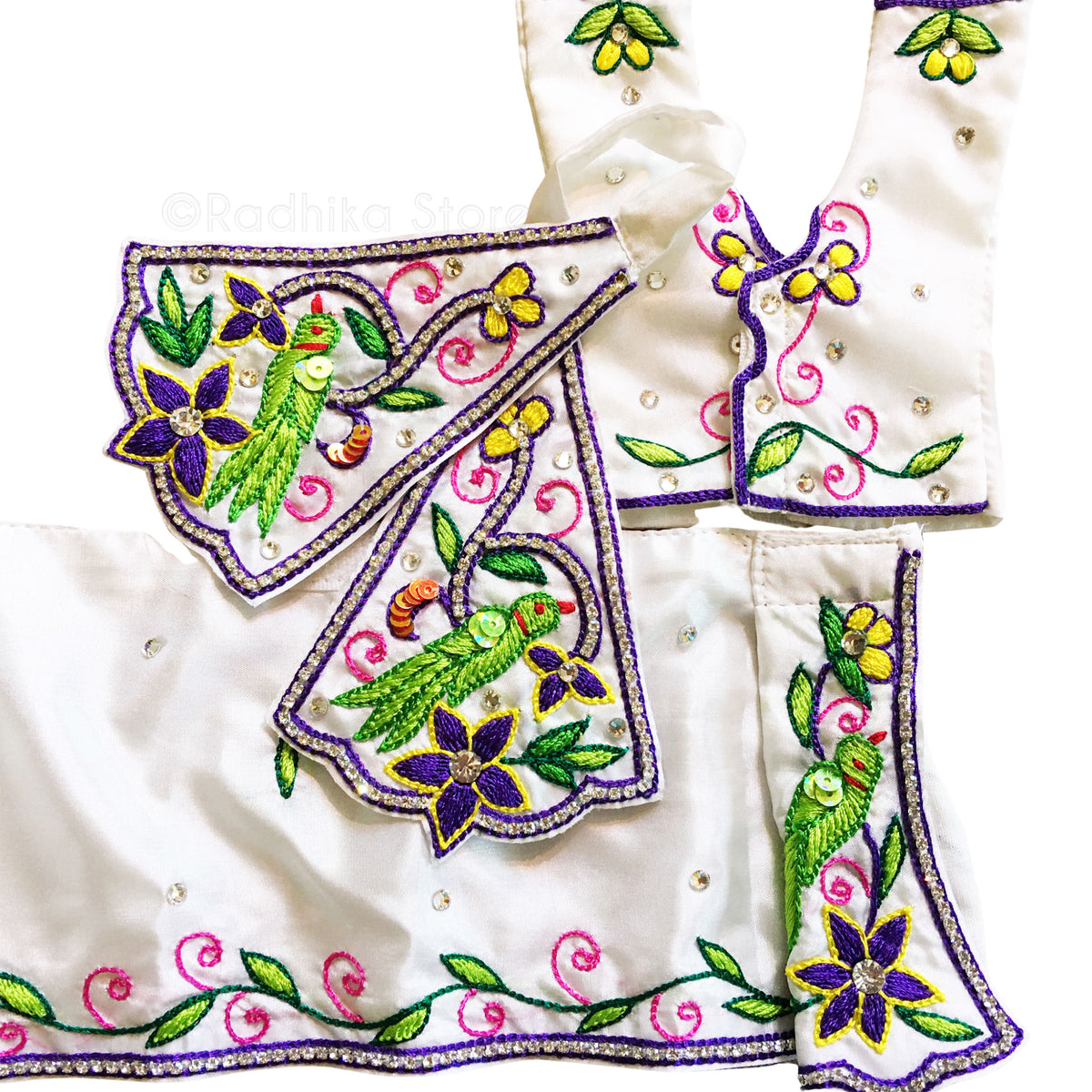 Tropical Mayapur Parrots - (White Silk) - Gaura Nitai Deity Outfit