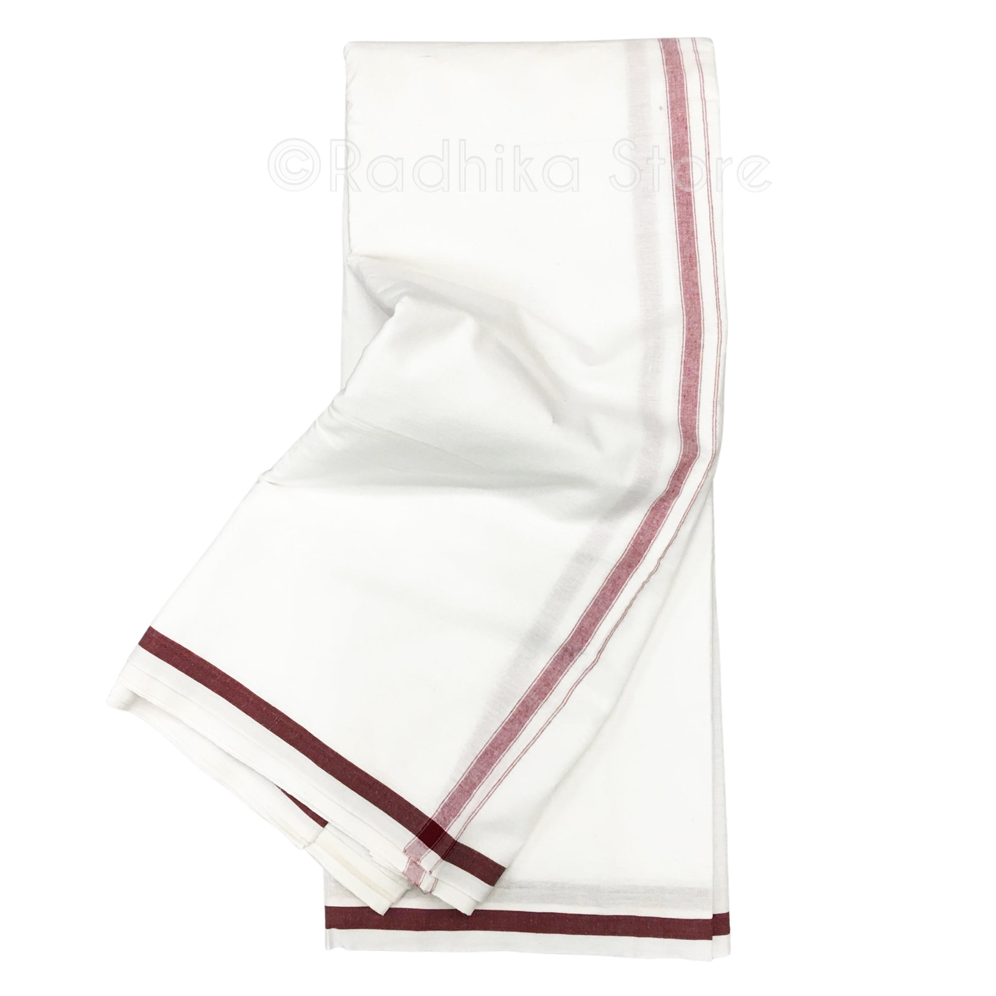 Cotton Dhoti - White With Maroon Stripe