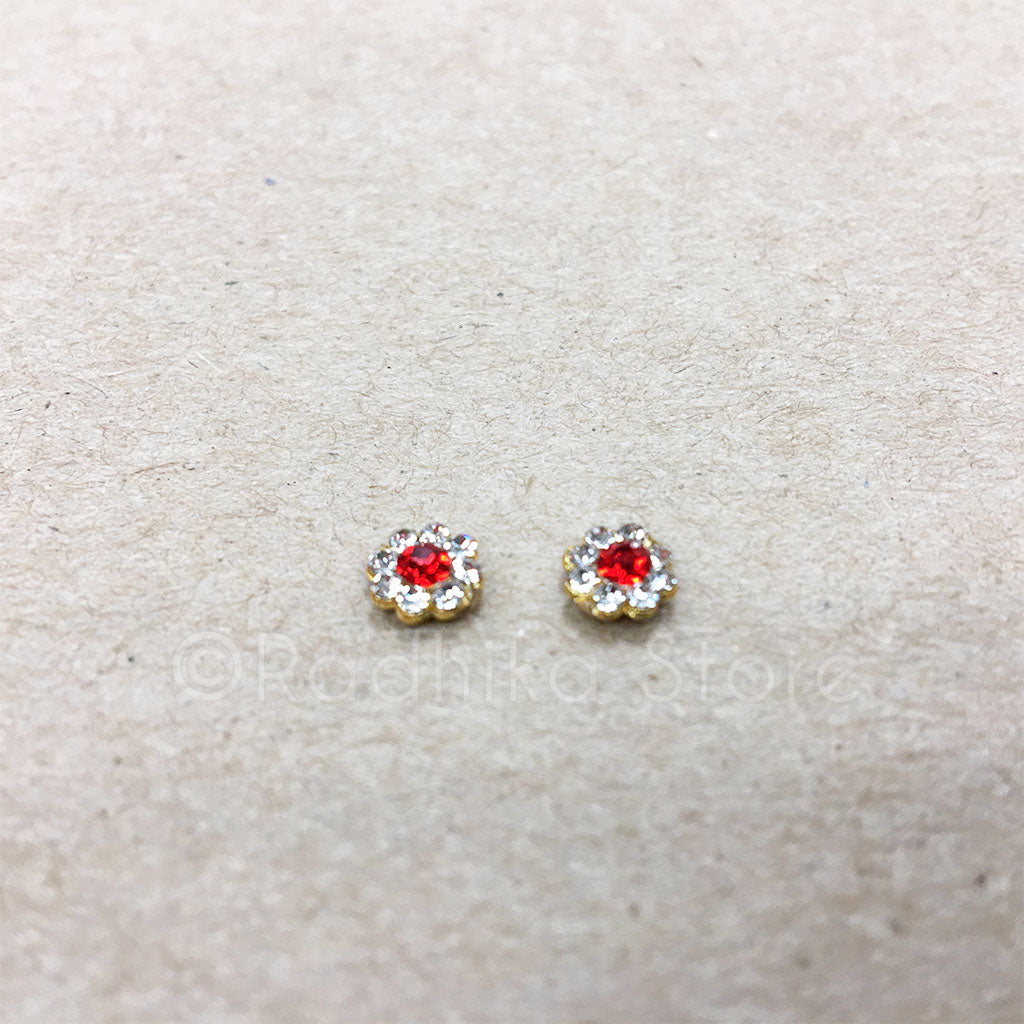 Tiny Flower  Rhinestone Earrings - Red