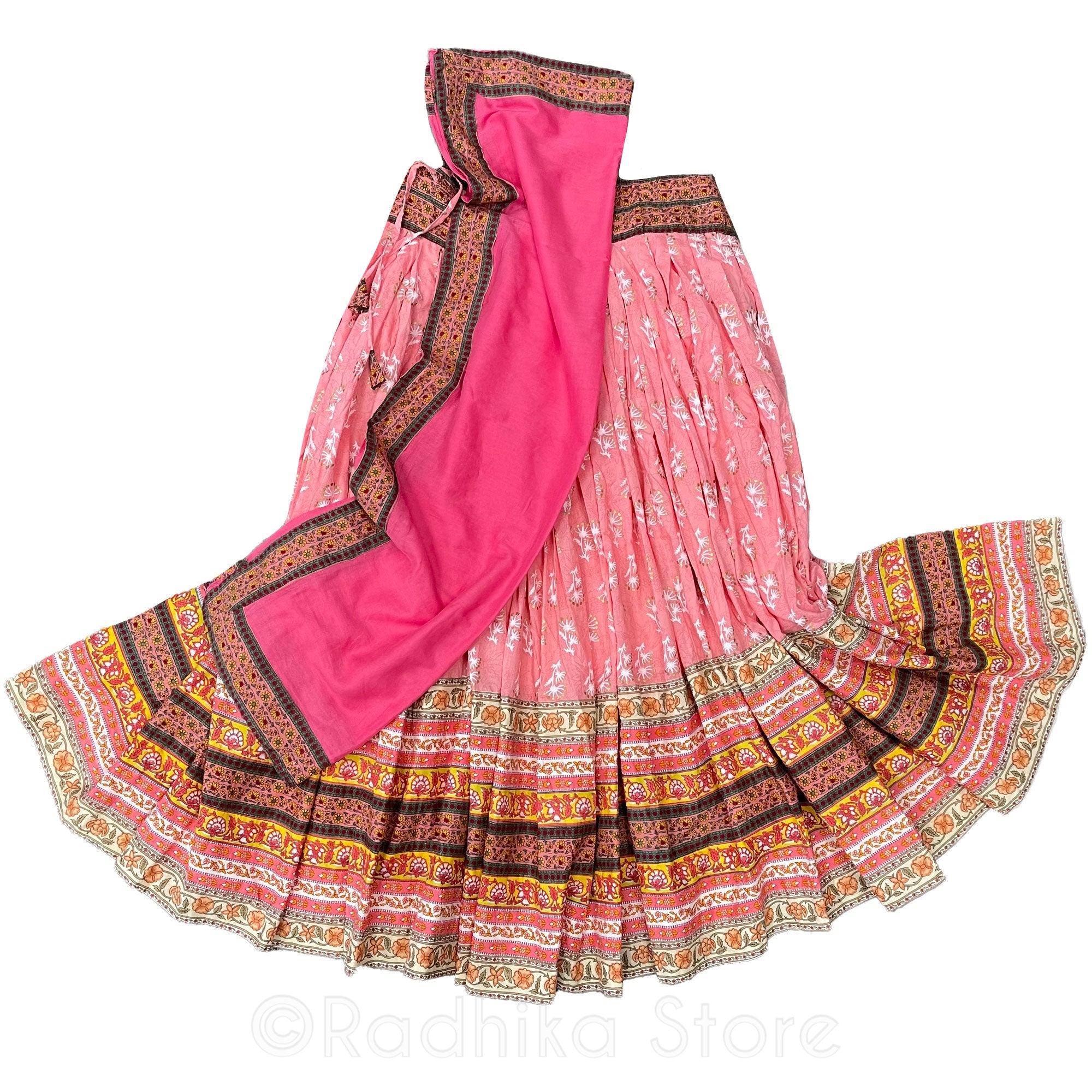 Flower-Bearing Spring-Gopi Skirt-Coral Pinks and Yellows-Cotton Screen Print-6 Meter Twirling