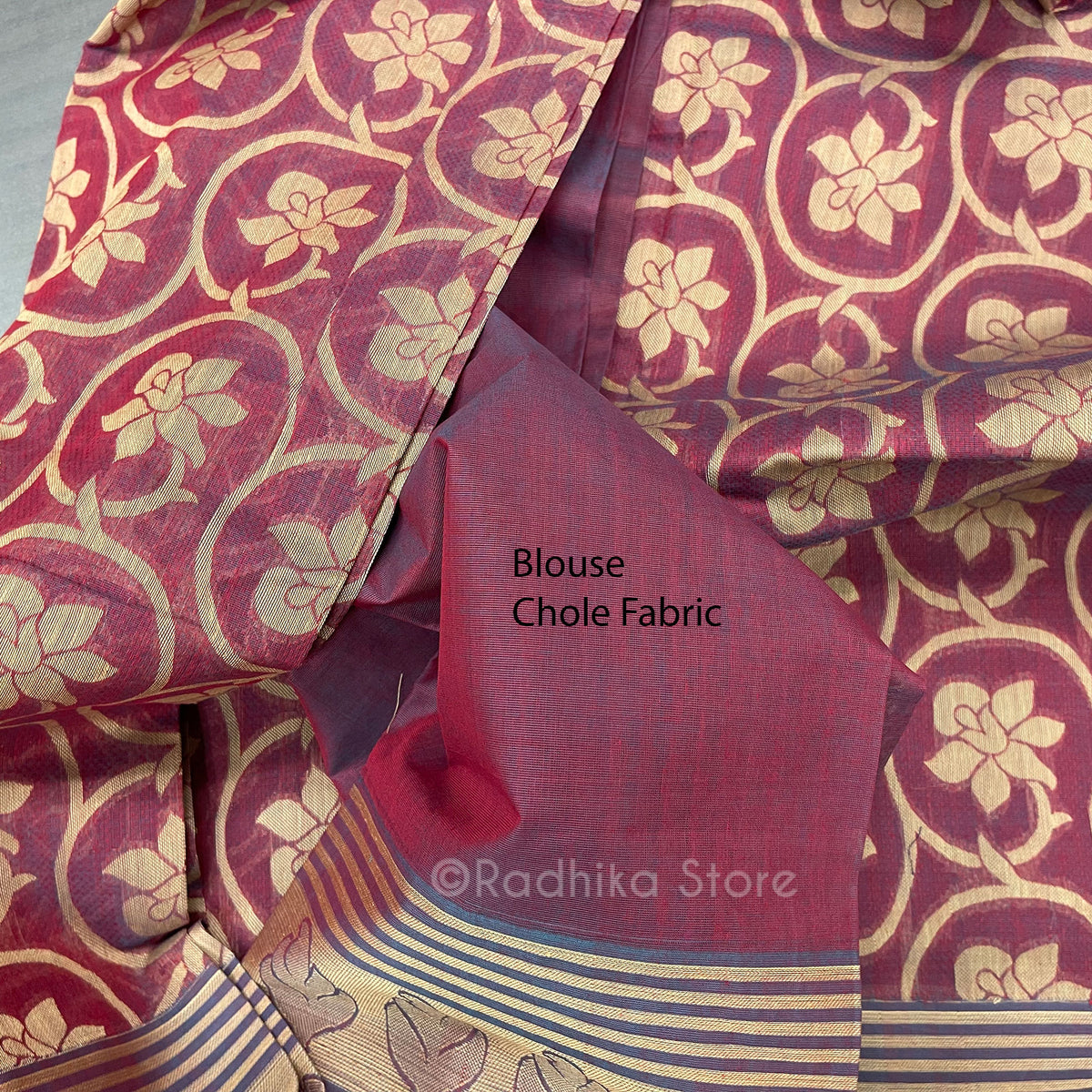 Orchid Vines - Burgundy And  Golden Sand Color With Soft Blue Boarder - Cotton Silk Saree