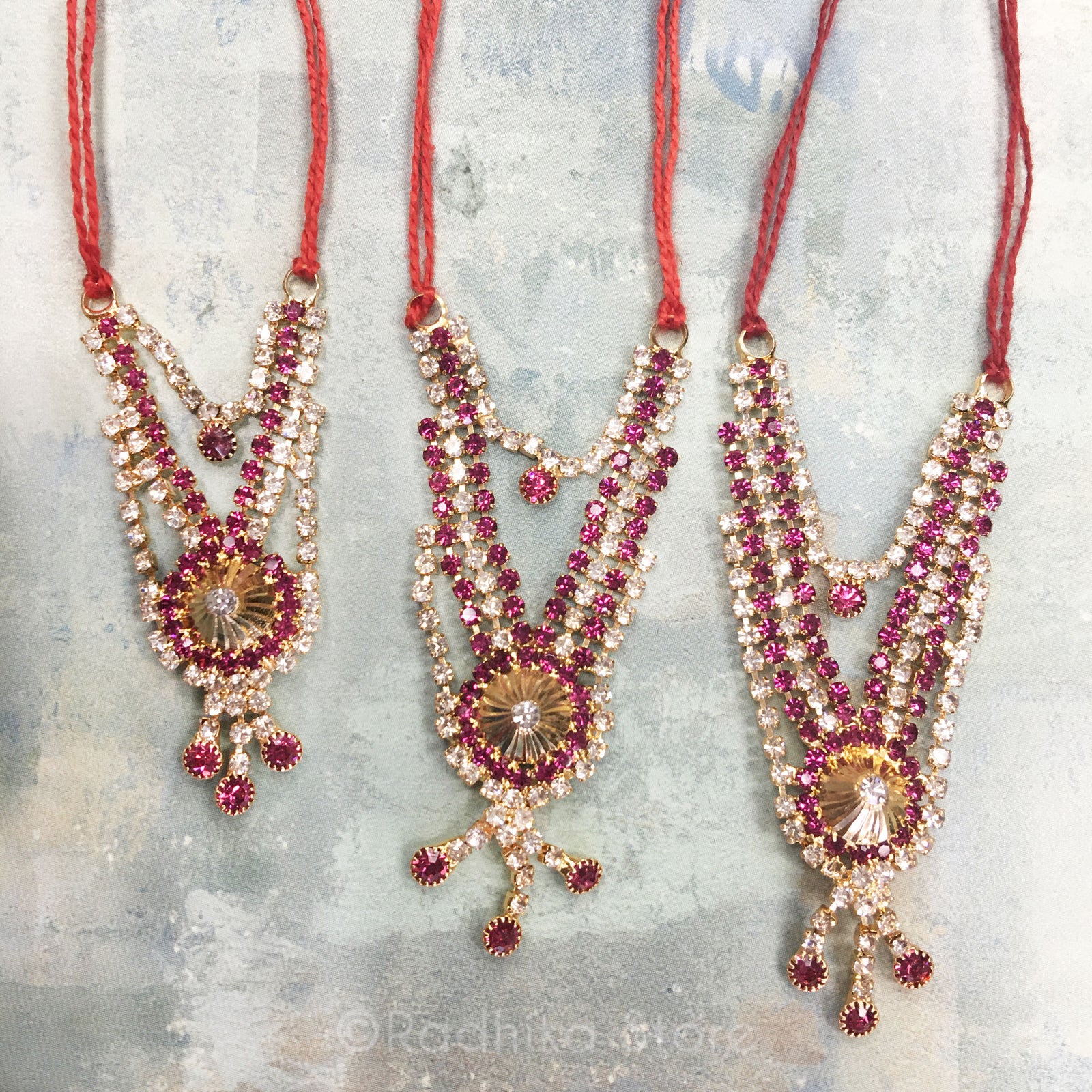 Temple Dome - Fuchsia - Multi Strand - Rhinestone Deity Necklace