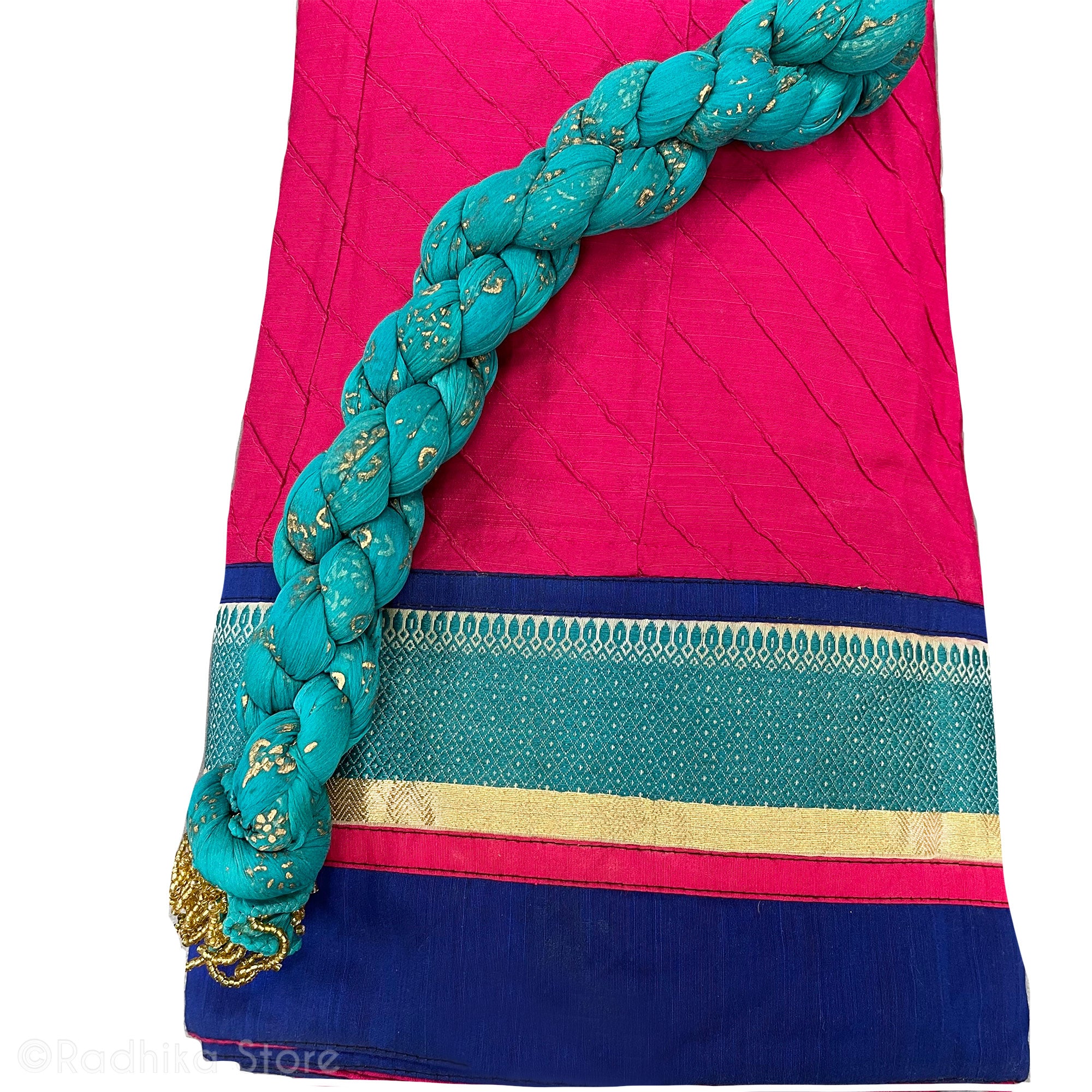 Festival - Gopi Skirt - Bright Fuchsia- Blue-Gold -Jute-Cotton-Gopi Skirt- With Teal Color Chadar - Small