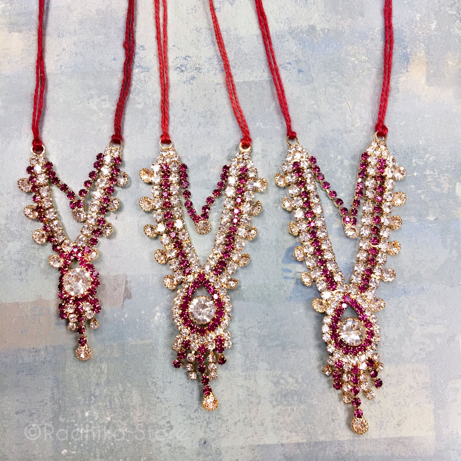 Krishna Prema - Fuchsia - Multi Strand - Rhinestone Deity Necklace