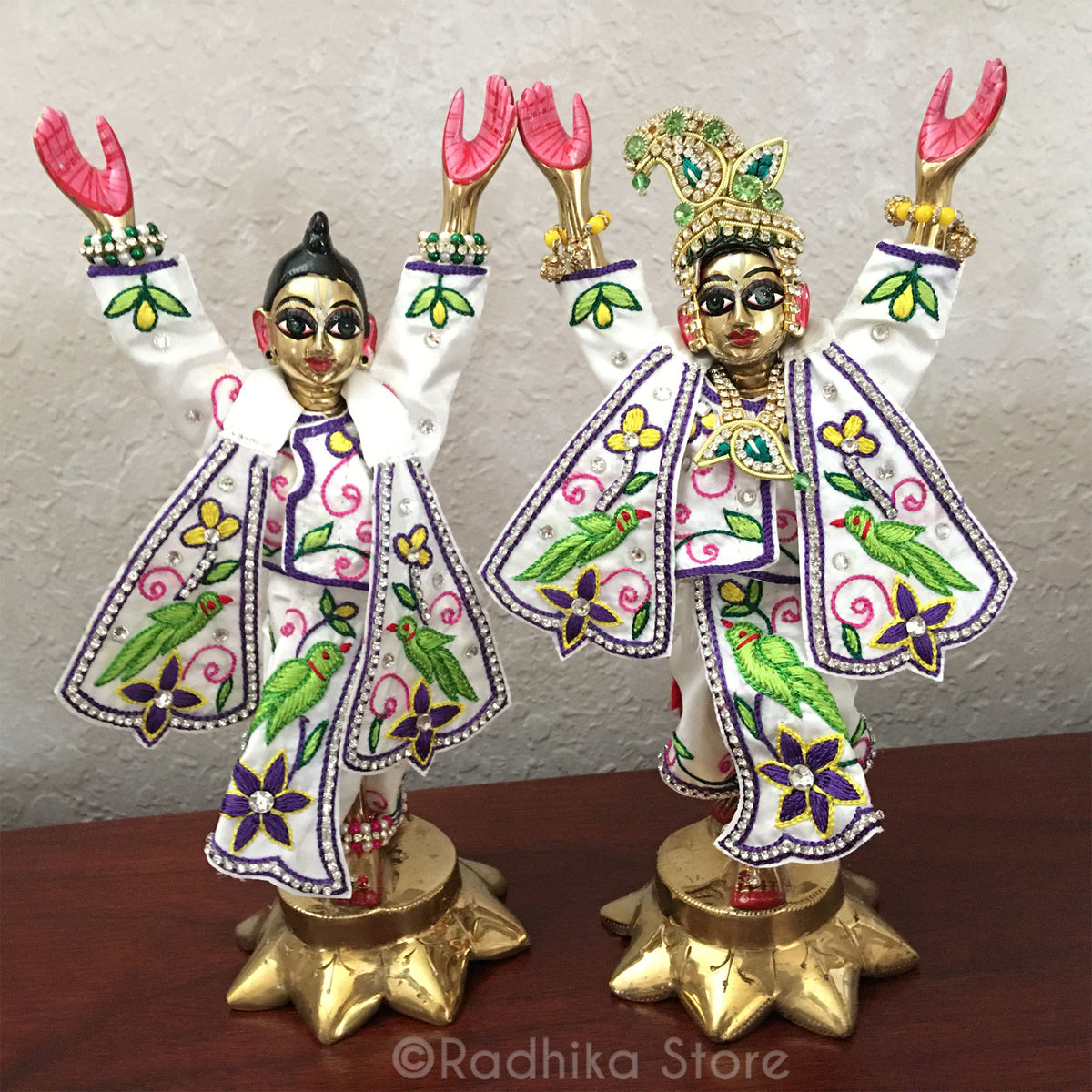 Tropical Mayapur Parrots - (White Silk) - Gaura Nitai Deity Outfit