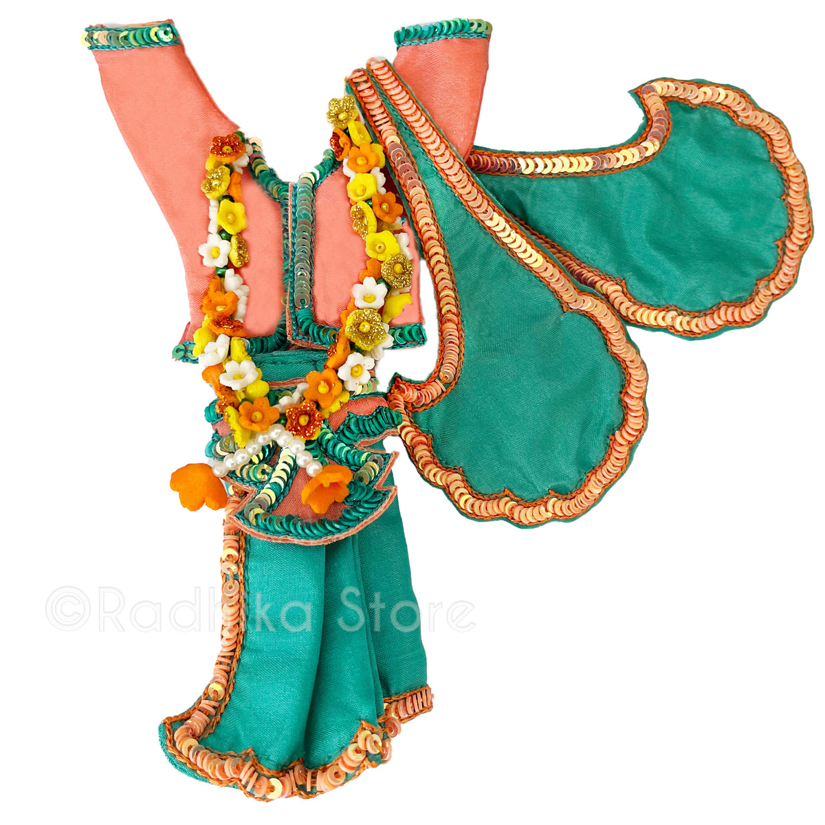 Kusam Sarovara - Peach and Teal Green - Gaura Nitai Deity Outfit- With Belt