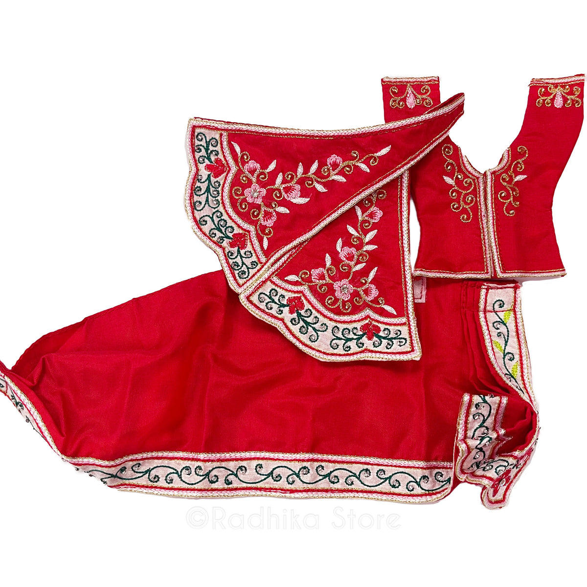Premananda - All Silk - Red-Pink-Green and Gold - Gaura Nitai Deity Outfit