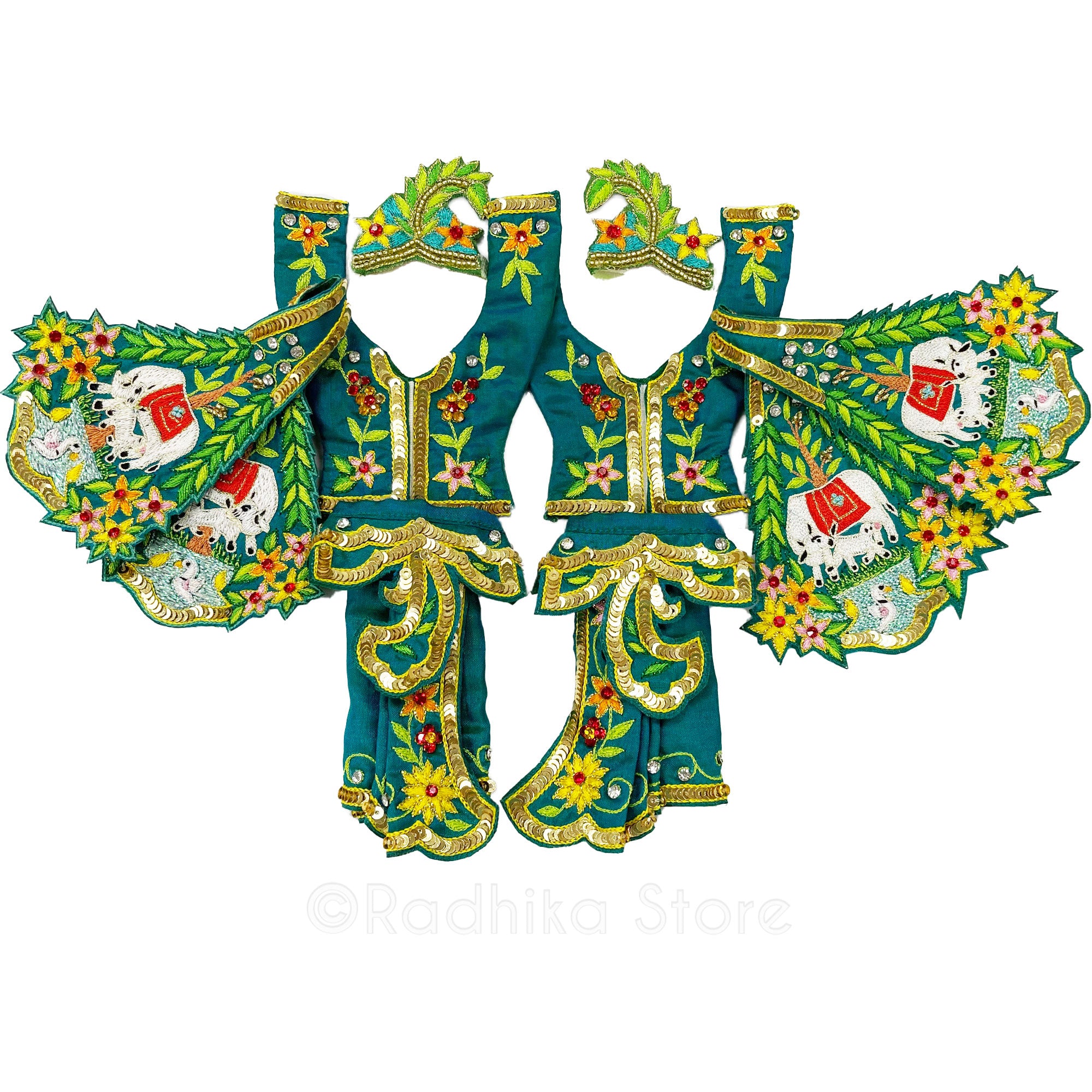 Govardhan Surabhi Cows - Silk - Teal Green - Gaura Nitai Deity Outfit