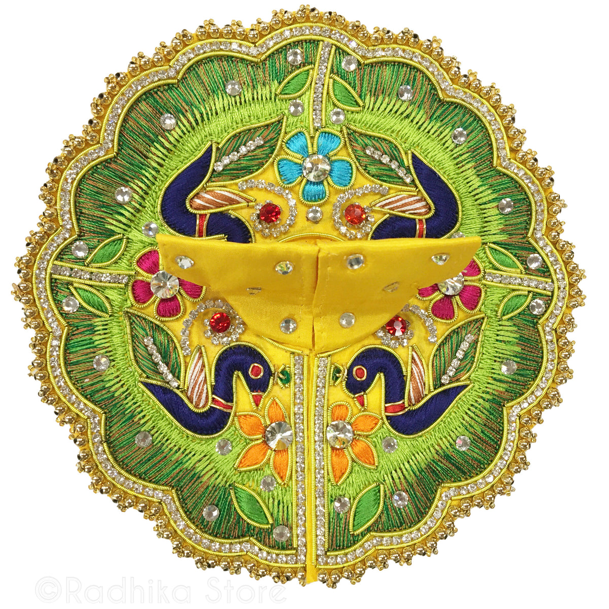 Govardhana Parakrama Peacocks Yellow Silk Satin- Size 1&quot; up to 5&quot; Inch Laddu Gopal