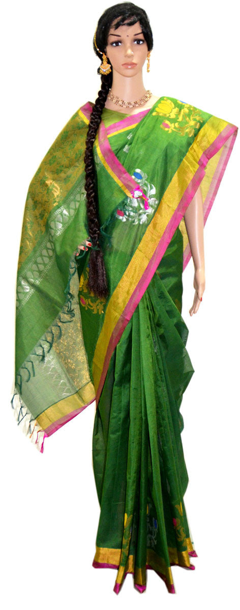 Gorgeous Green Silver Gold Lotus - Silk Saree
