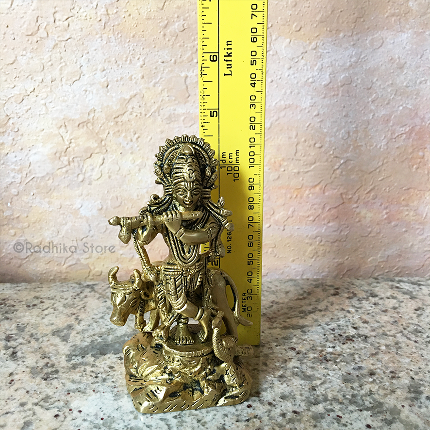 Giriraj Krishna With Cow and Peacock - Brass Murti - 4.5&quot; Inch