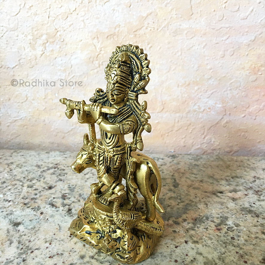 Giriraj Krishna With Cow and Peacock - Brass Murti - 4.5&quot; Inch