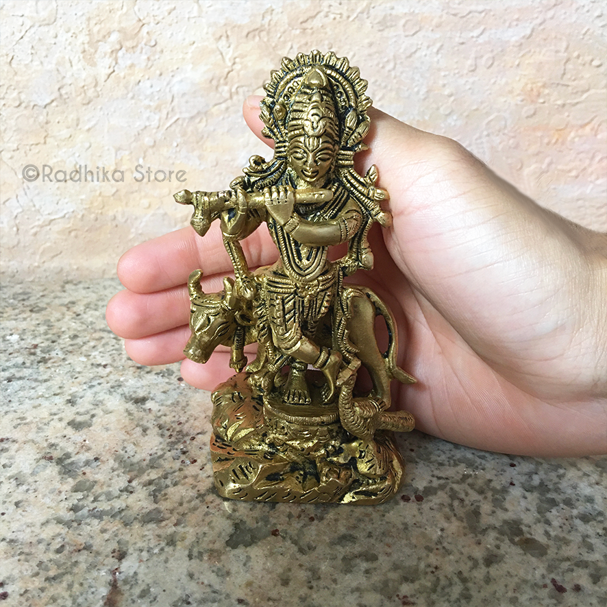 Giriraj Krishna With Cow and Peacock - Brass Murti - 4.5&quot; Inch