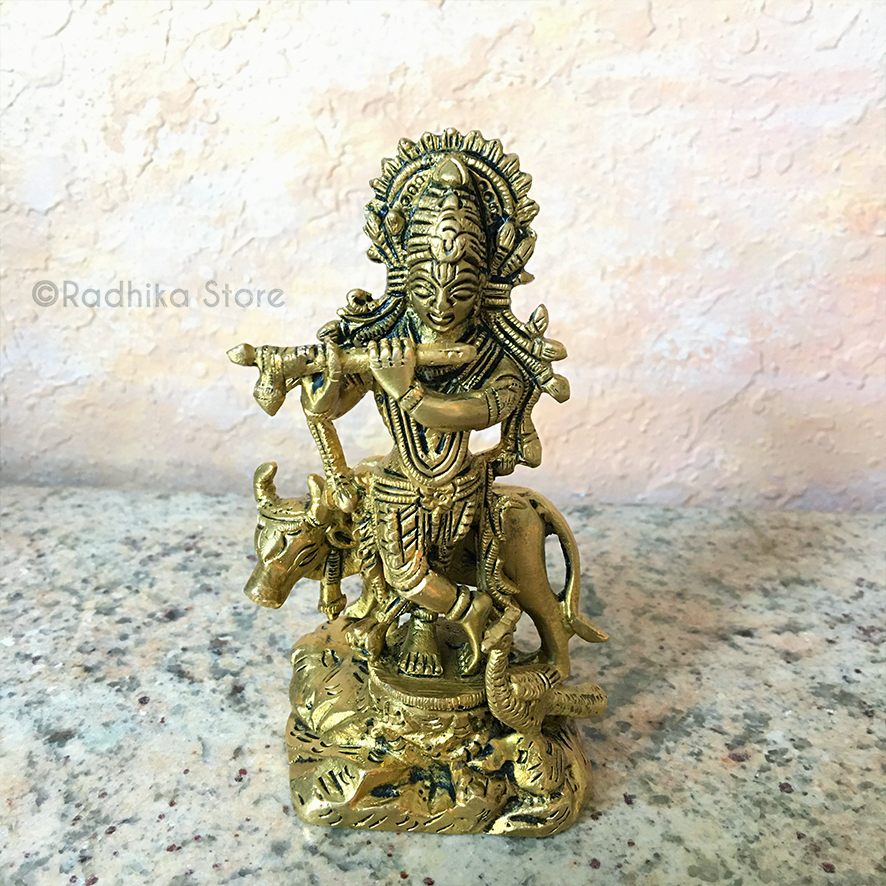 Giriraj Krishna With Cow and Peacock - Brass Murti - 4.5&quot; Inch