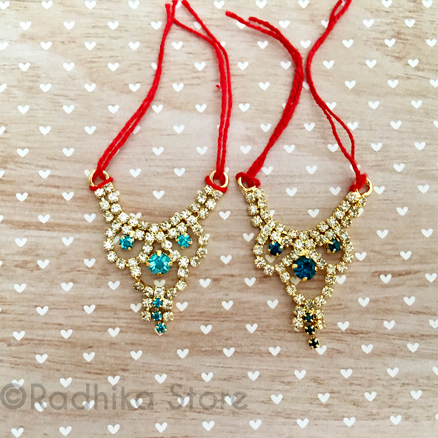 Gold Fancy Rhinestone - Deity Necklace  Choose Teal Blue or Dark Teal - Size Tiny