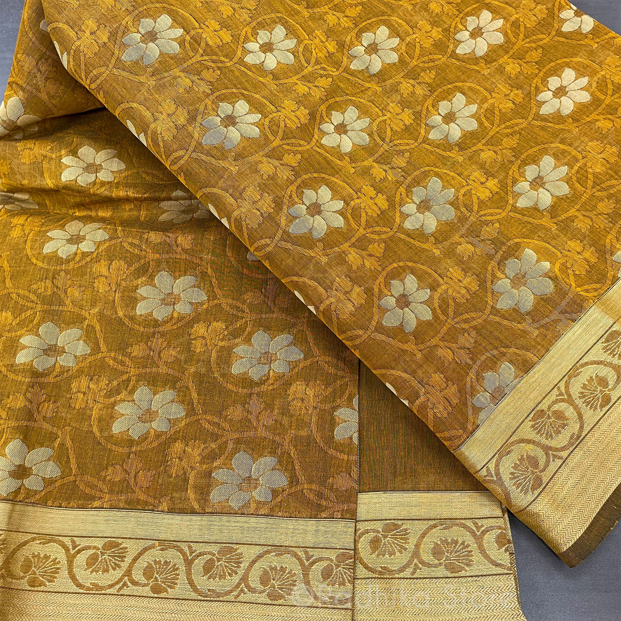 Golden Vrindavan Flower - Opulent Cotton Saree