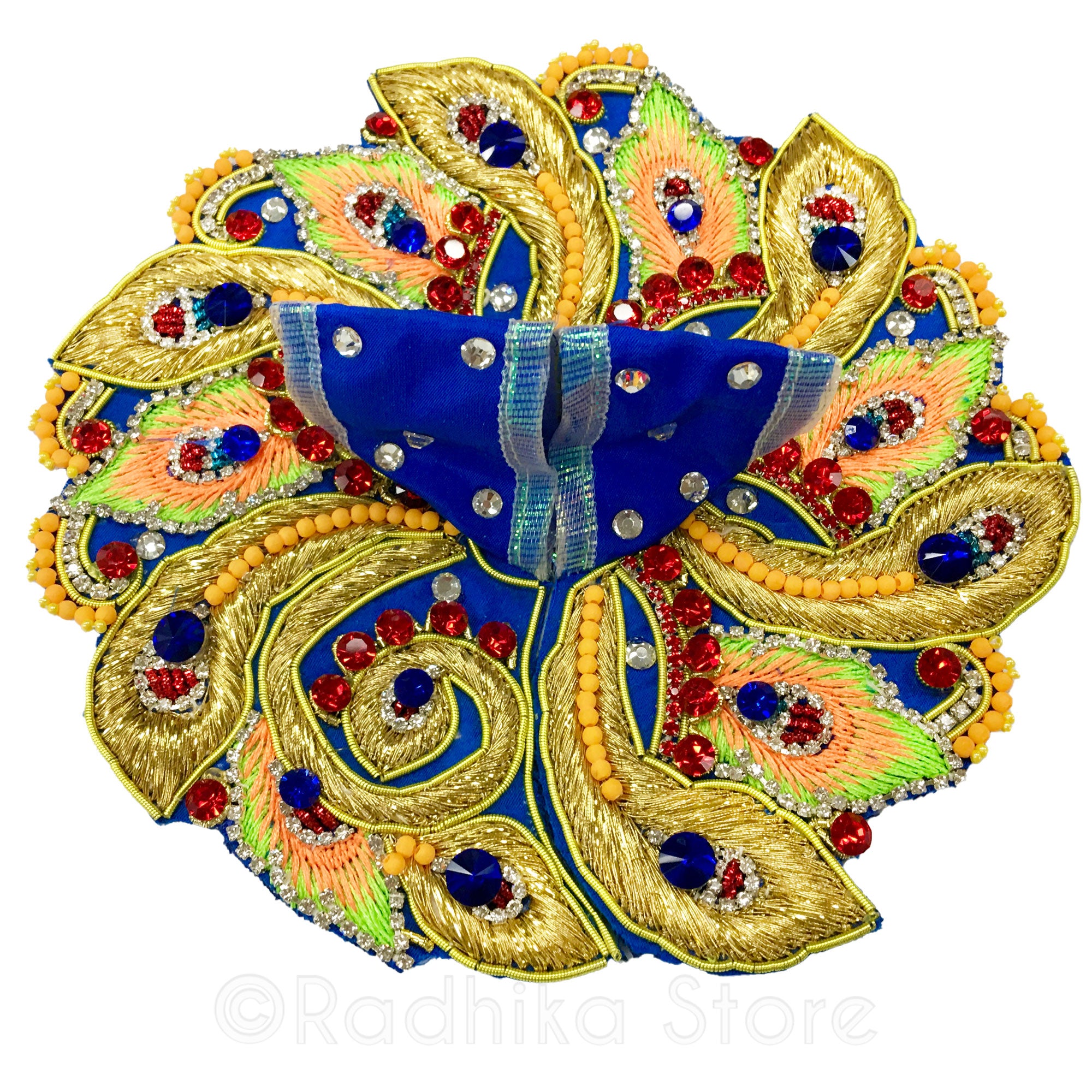 Golden Neon Peacock Plumes- Blue satin Silk -  Laddu Gopal Outfit