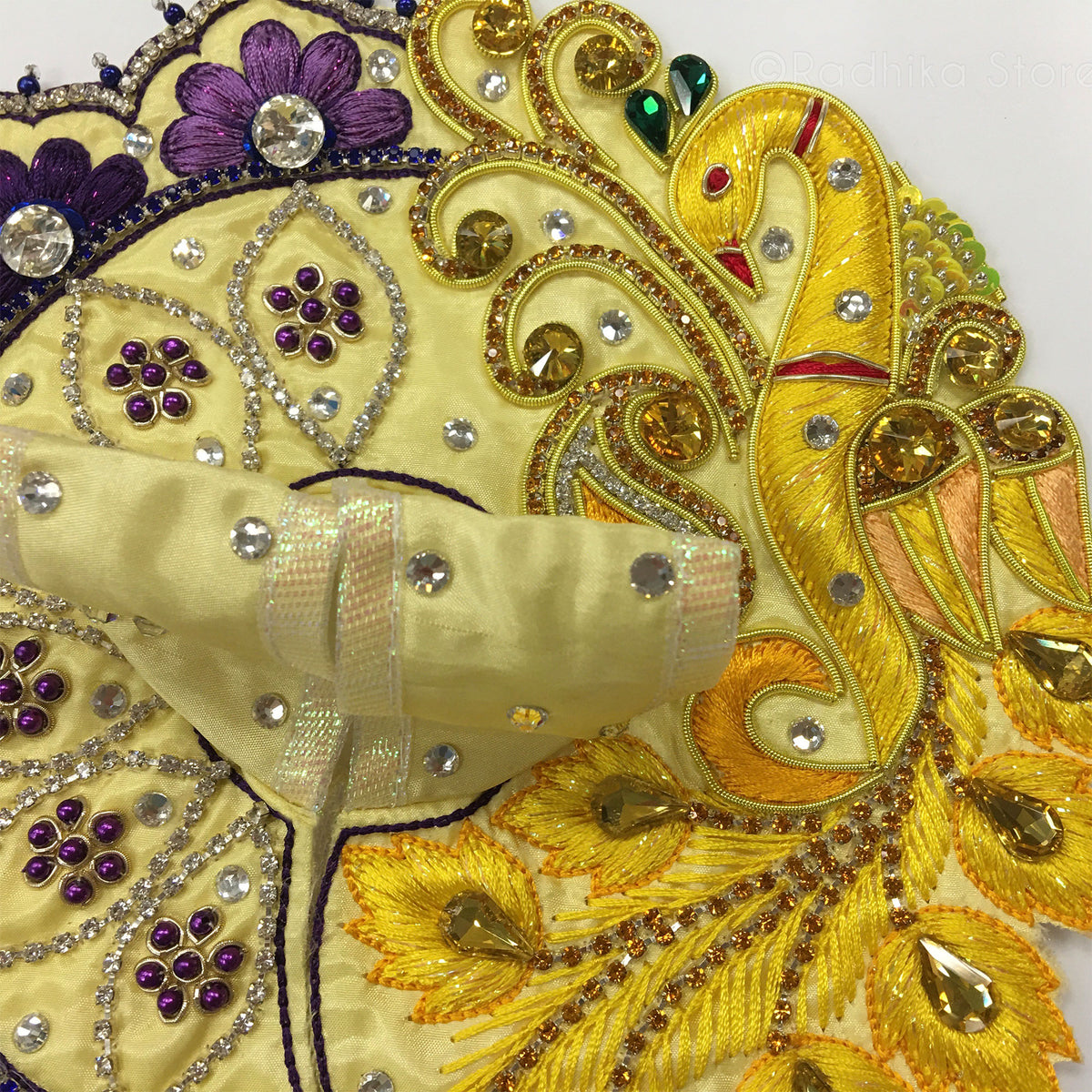 Golden Peacock With Vrindavan Flowers - Light Yellow Taffeta- Size 1&quot; up to 5&quot; Inch Laddu Gopal