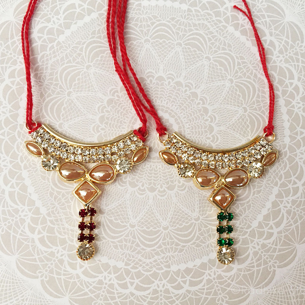 Golden Pearl Diamond Rhinestone Deity Necklace With Pendant - Ruby or Emerald