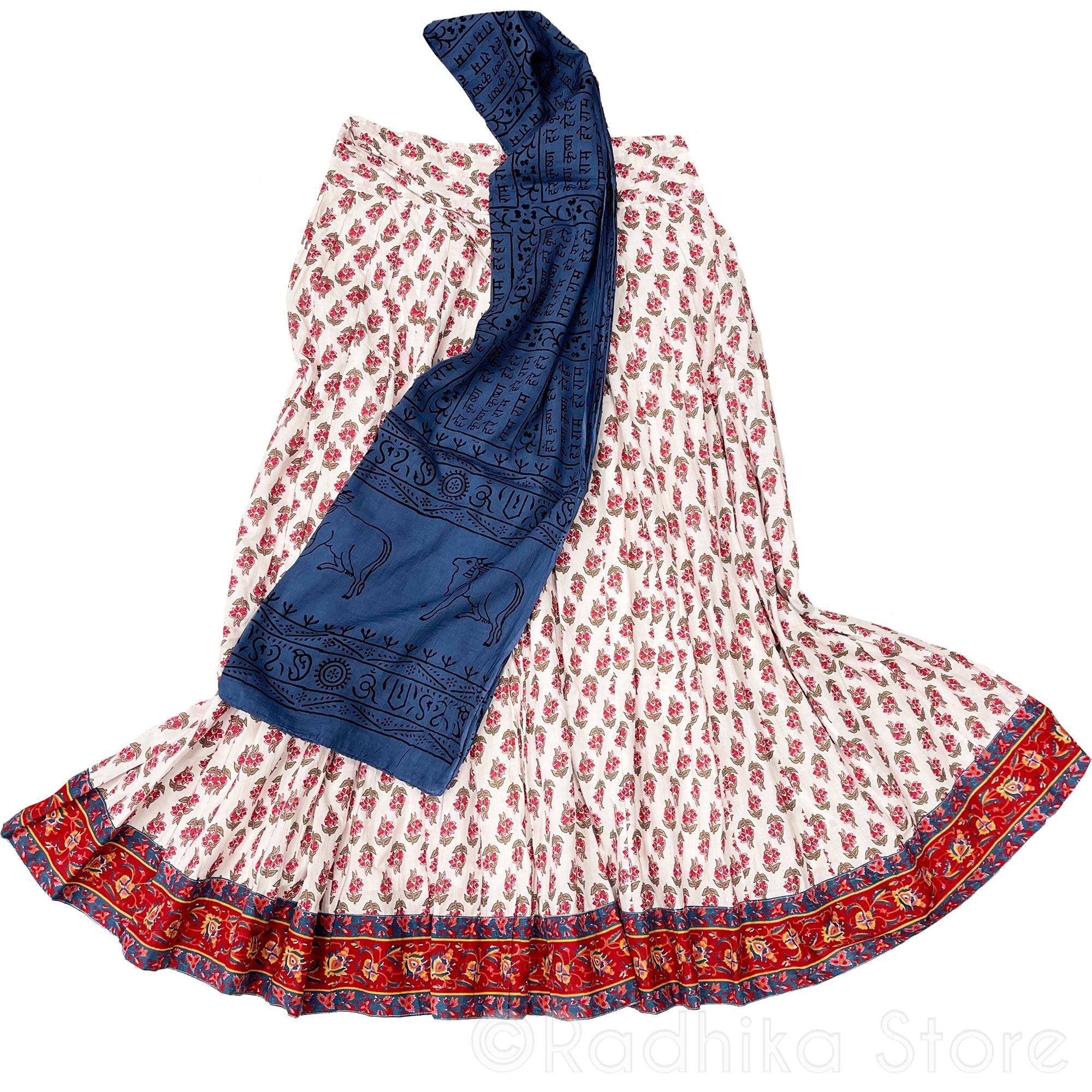 Goloka - Gopi Skirt - Cotton Block Print Fabric - With Dark Blue Mantra Chadar