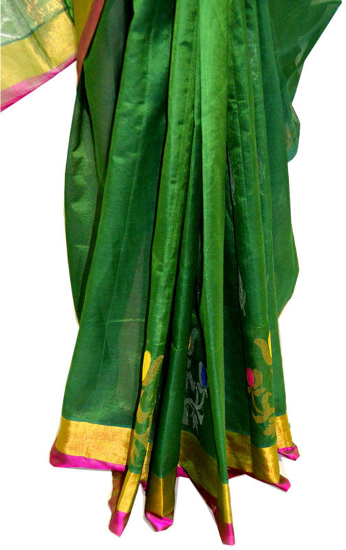 Gorgeous Green Silver Gold Lotus - Silk Saree
