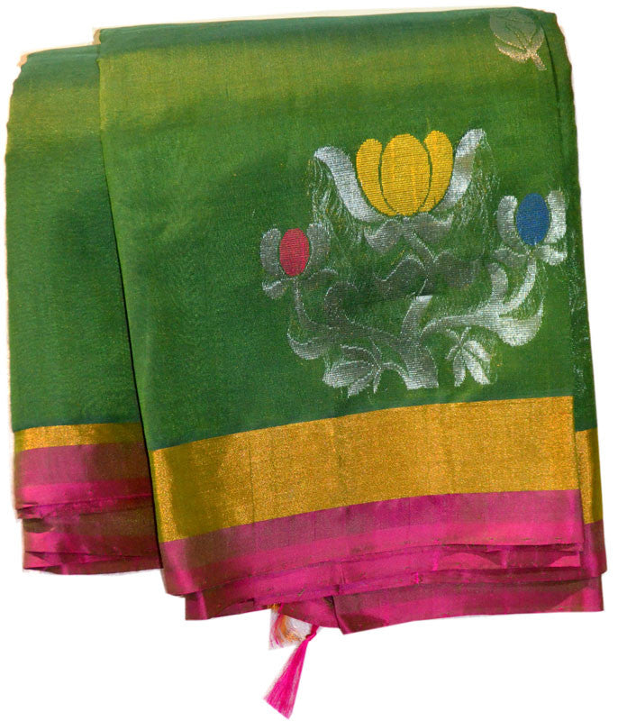 Gorgeous Green Silver Gold Lotus - Silk Saree