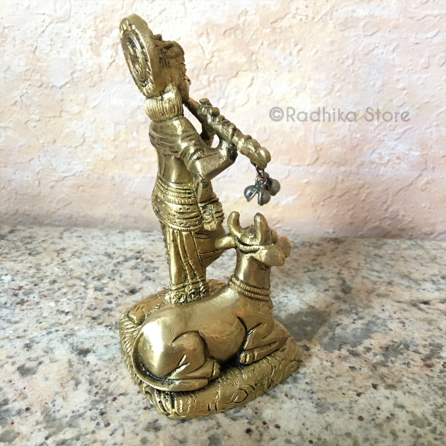 Govardhana Krishna With Cow - Brass Murti - 5&quot; Inch