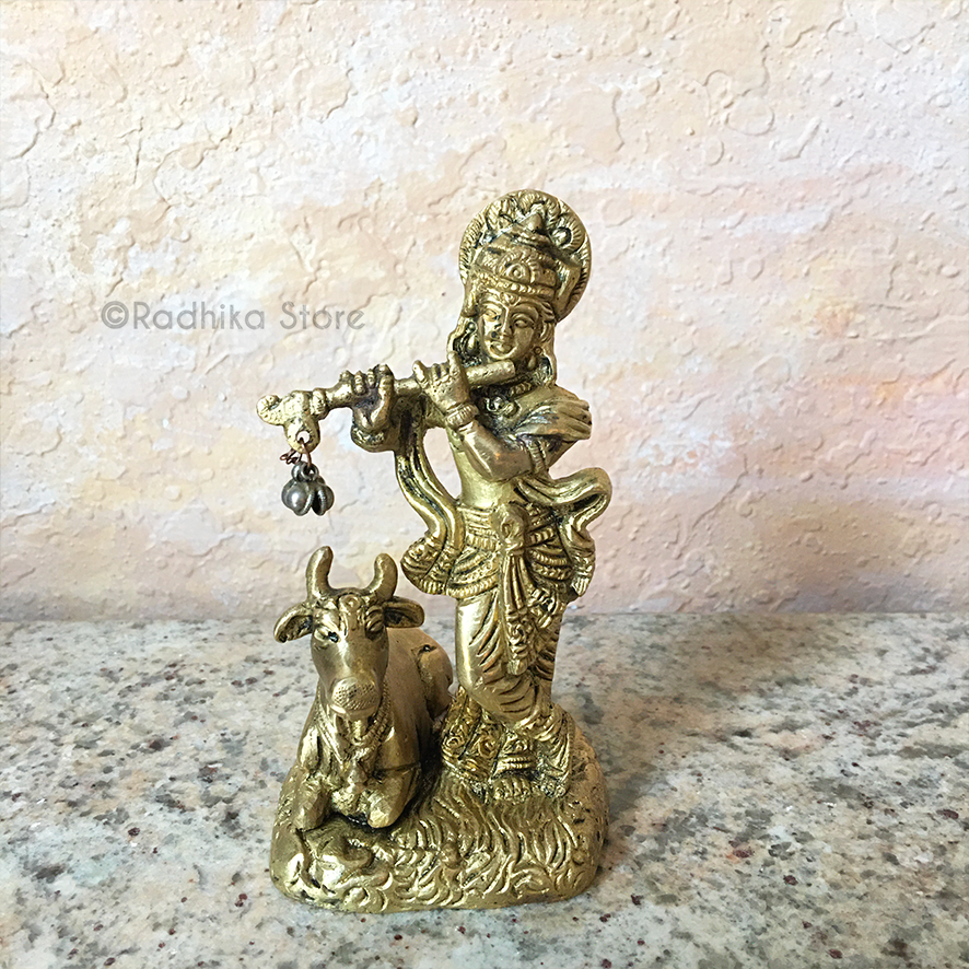 Govardhana Krishna With Cow - Brass Murti - 5&quot; Inch