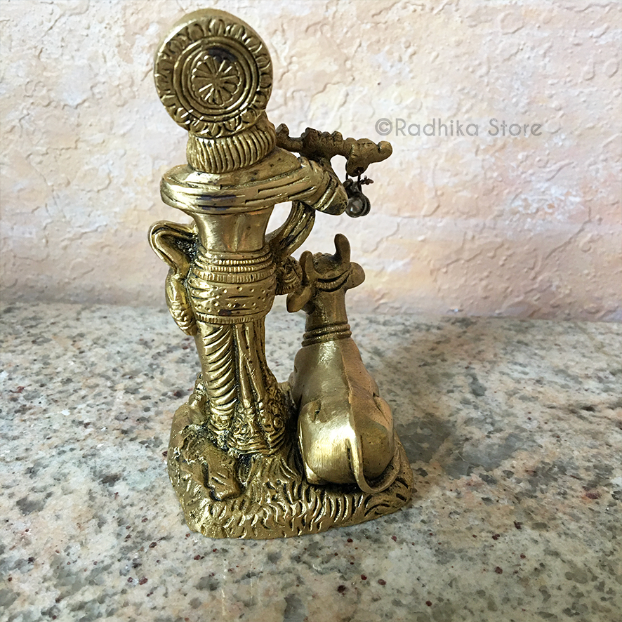 Govardhana Krishna With Cow - Brass Murti - 5&quot; Inch