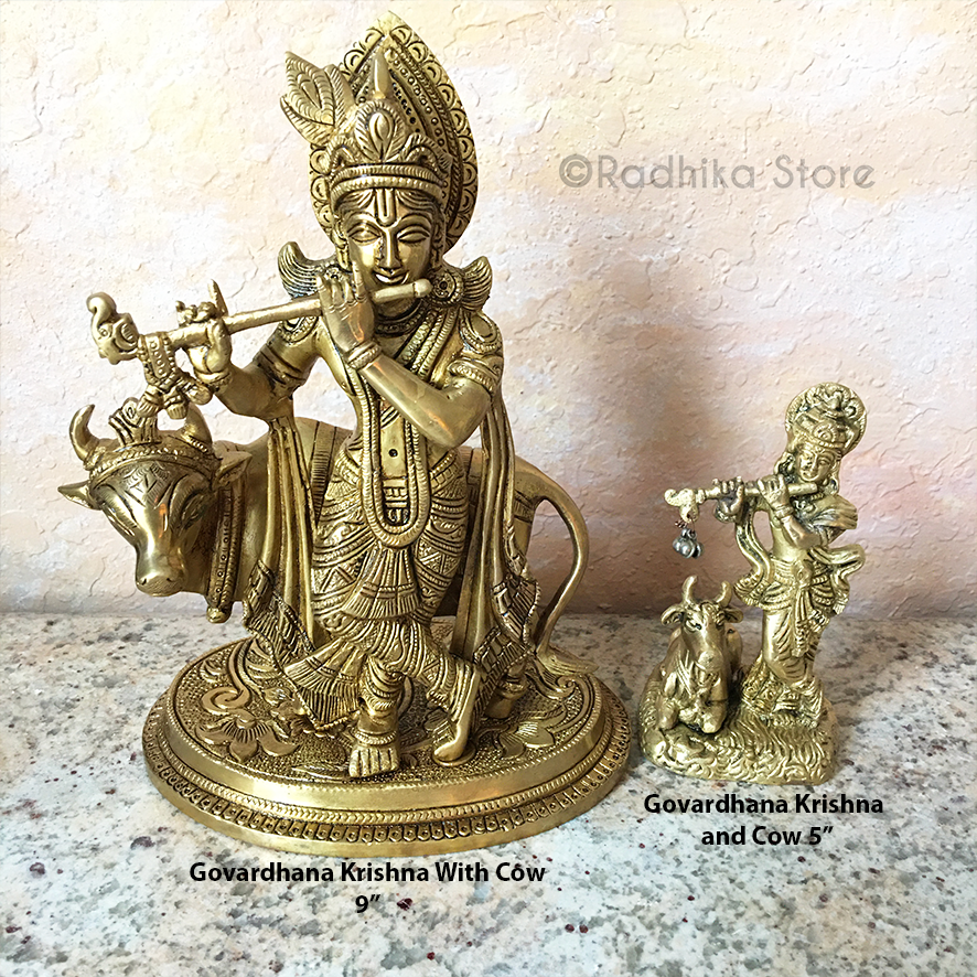 Govardhana Krishna With Cow - Brass Murti - 5&quot; Inch