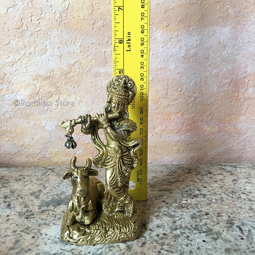 Govardhana Krishna With Cow - Brass Murti - 5&quot; Inch