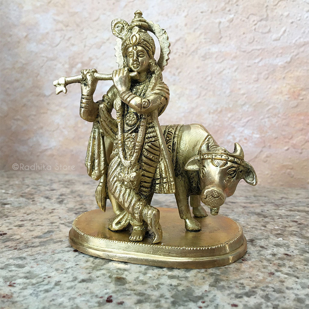 Govinda Krishna With Cow - Brass Murti - 4" Inch
