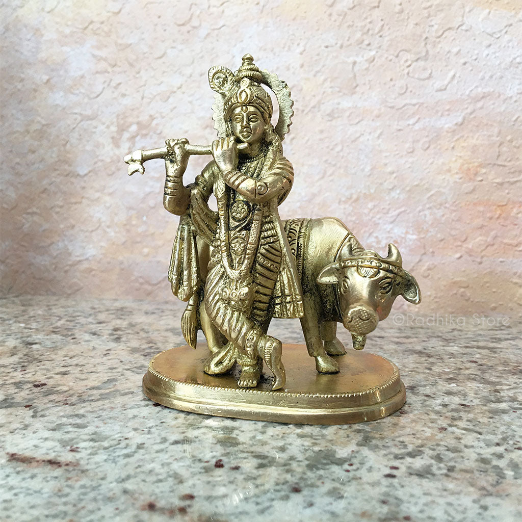 Govinda Krishna With Cow - Brass Murti - 4&quot; Inch