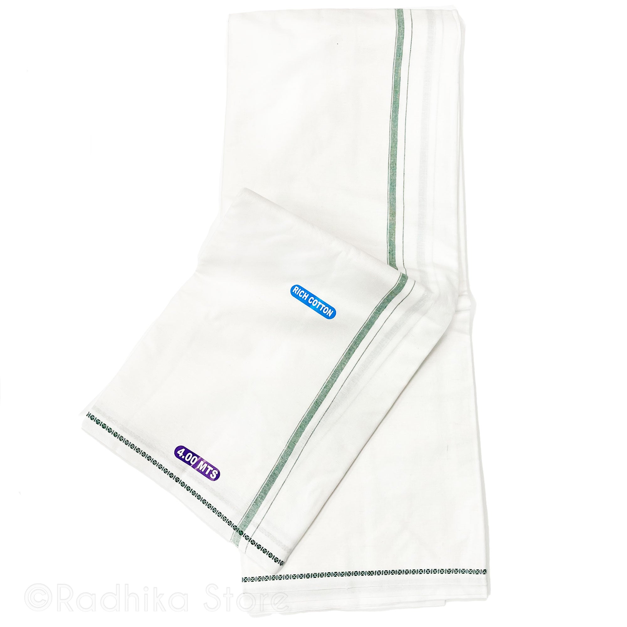 Cotton Dhoti  - White With Green Stripe