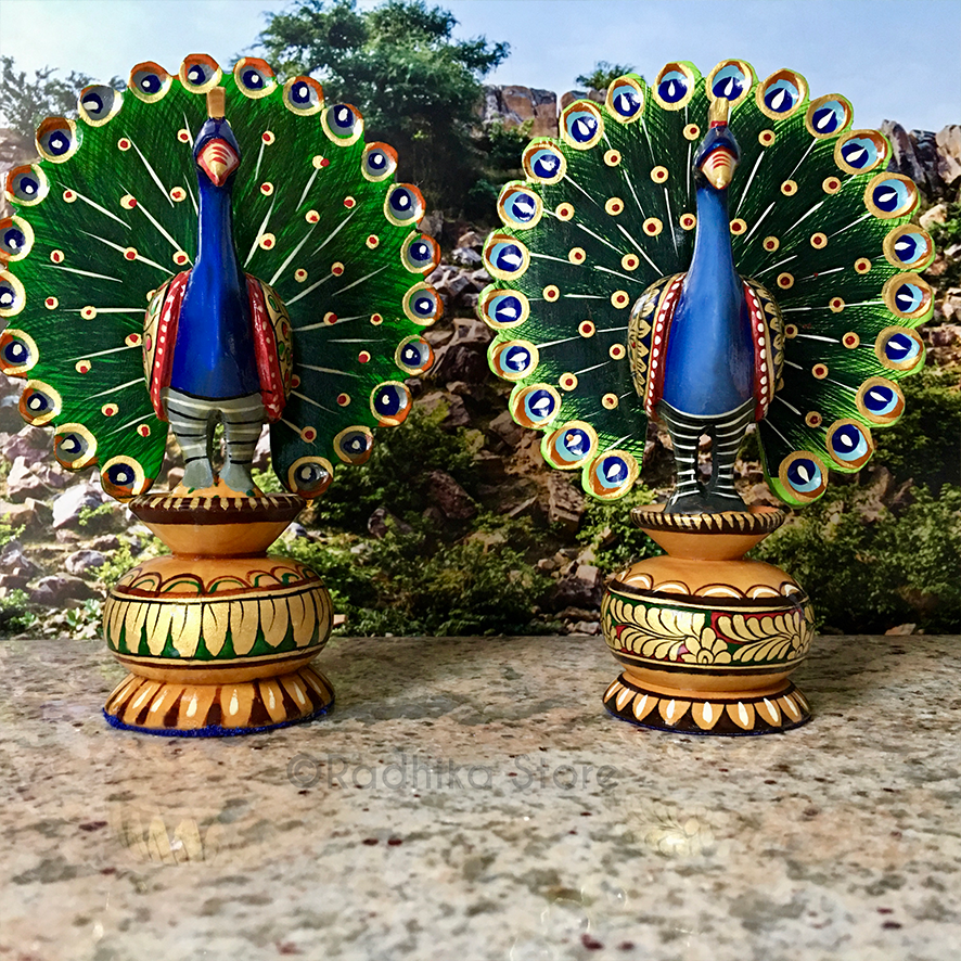 Hand Carved and Painted  Dancing Govardhana Peacocks - Choose Size and Color