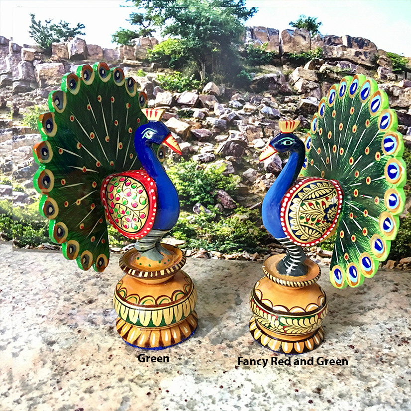 Hand Carved and Painted  Dancing Govardhana Peacocks - Choose Size and Color