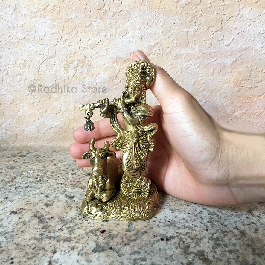 Govardhana Krishna With Cow - Brass Murti - 5&quot; Inch