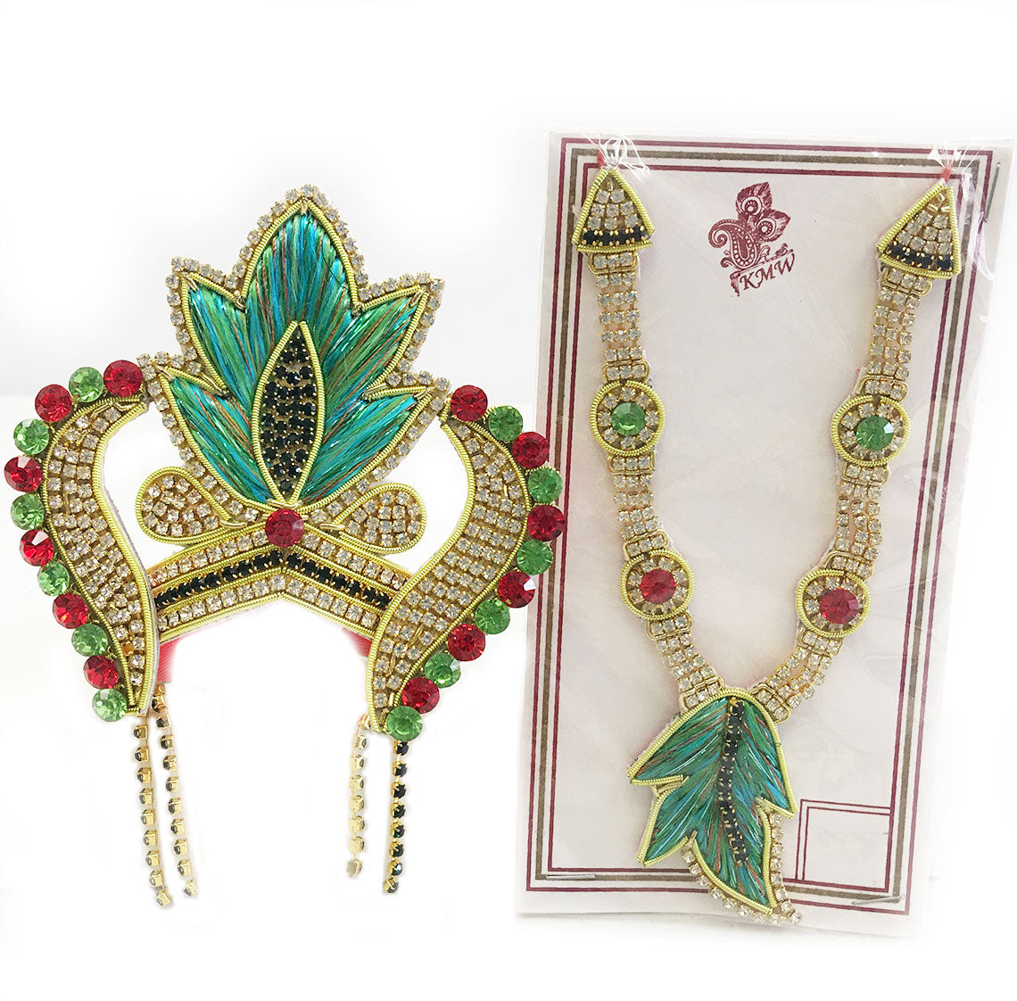 Holiday Leaf With Earrings - Deity Crown Necklace Set - Greens-Red and Black