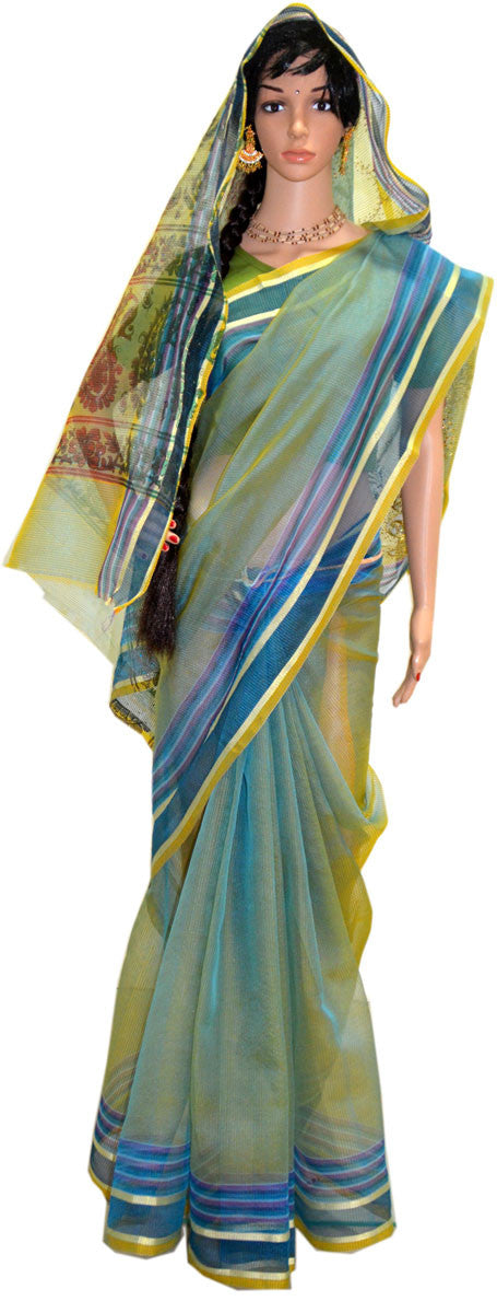 Sacred Waters of Blue - Golden Green Sheer Saree